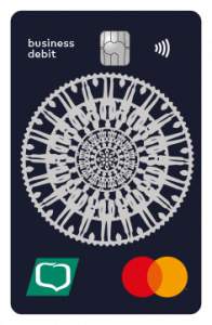 Wizerunek karty debetowej dla klienta biznesowego ze wzorami folkowymi w kolorystyce czerni i bieli. 