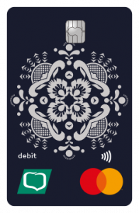  Wizerunek karty debetowej ze wzorami folkowymi w kolorystyce czerni i bieli. 