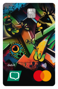  Wizerunek karty młodzieżowej talent ze wzorami folkowymi w różnych kolorach z czarbym tłem w formie grafiti. 