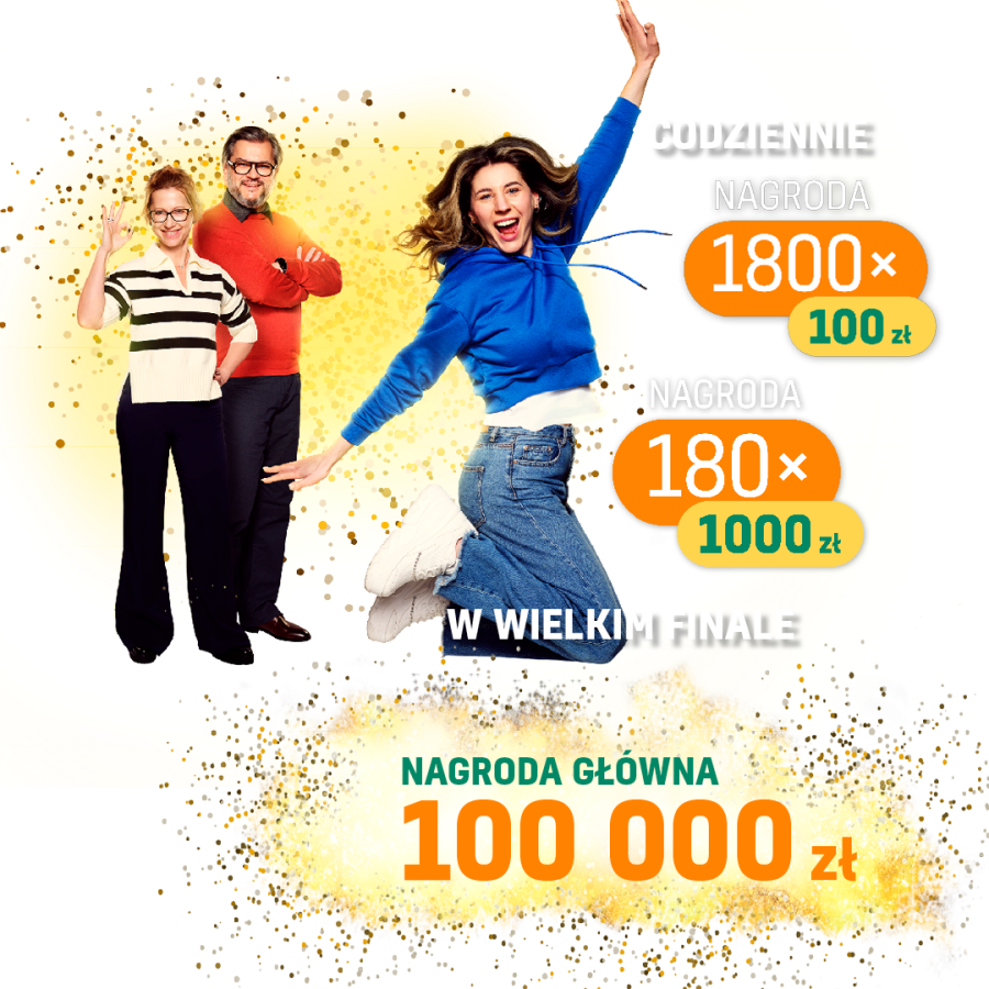 Do wygrania codziennie kilka nagród pieniężnych o wartości 100 oraz 1000 zł. Nagroda główna wynosi 100 000 zł. 